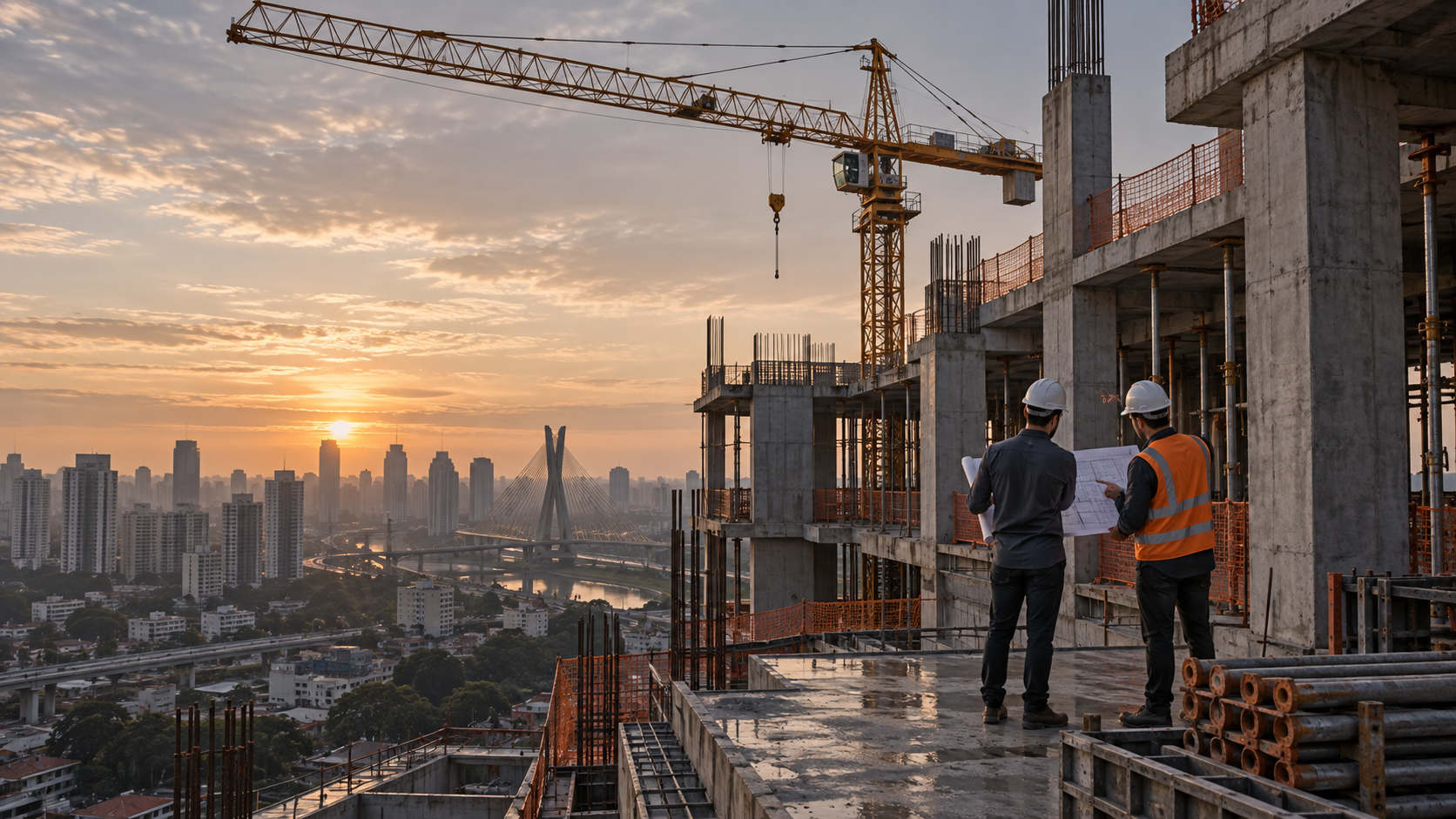 Imagem ilustrativa de uma obra de edifício ao entardecer, com equipe técnica observando o projeto